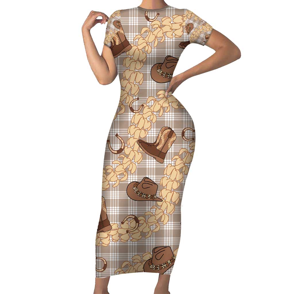 Khaki Palaka Hawaii Cowboy Short Sleeve Bodycon Dress Puakenikeni Lei Paniolo Papale Seamless Vibes LT14 Long Dress Khaki - Polynesian Pride