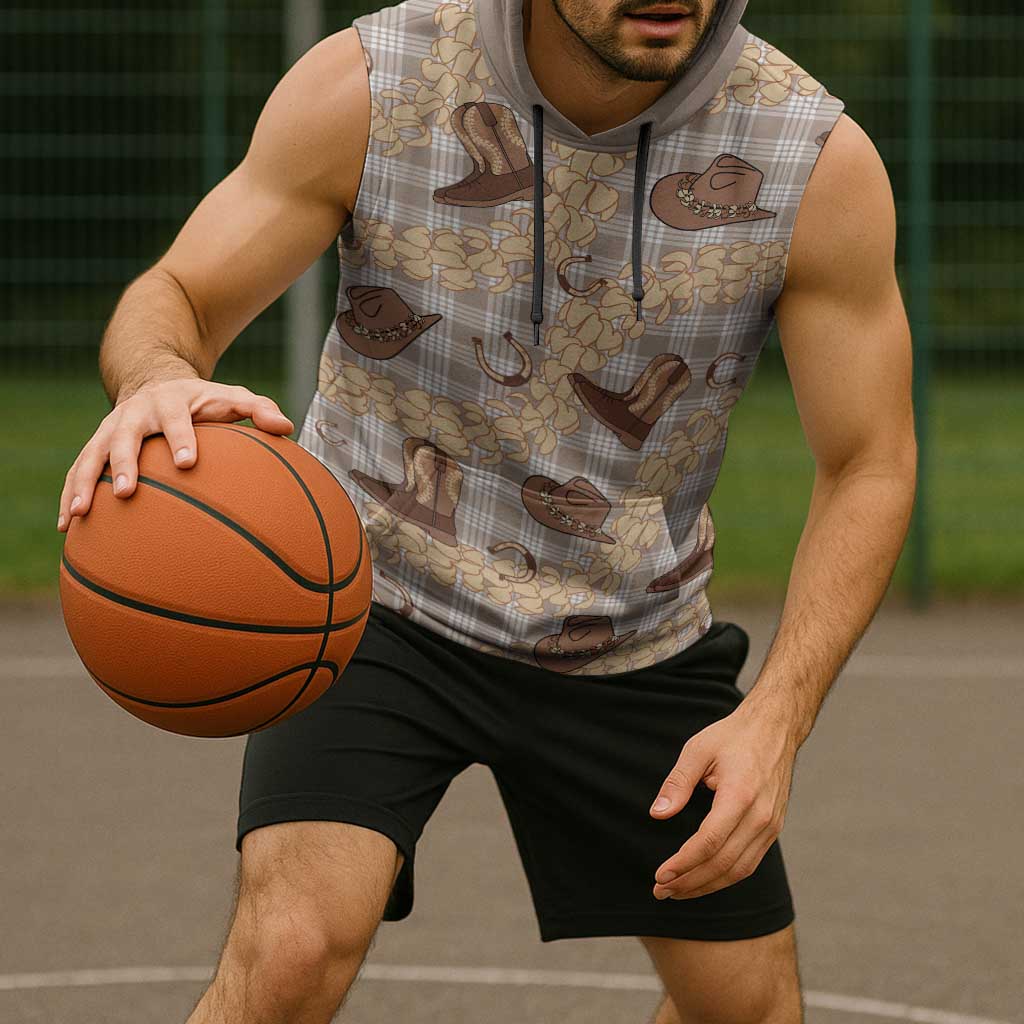 Khaki Palaka Hawaii Cowboy Sleeveless Hoodie Puakenikeni Lei Paniolo Papale Seamless Vibes LT14 - Polynesian Pride