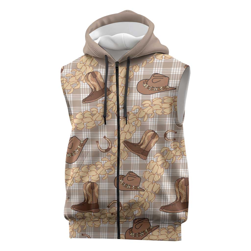 Khaki Palaka Hawaii Cowboy Sleeveless Zip Hoodie Puakenikeni Lei Paniolo Papale Seamless Vibes LT14 Khaki - Polynesian Pride