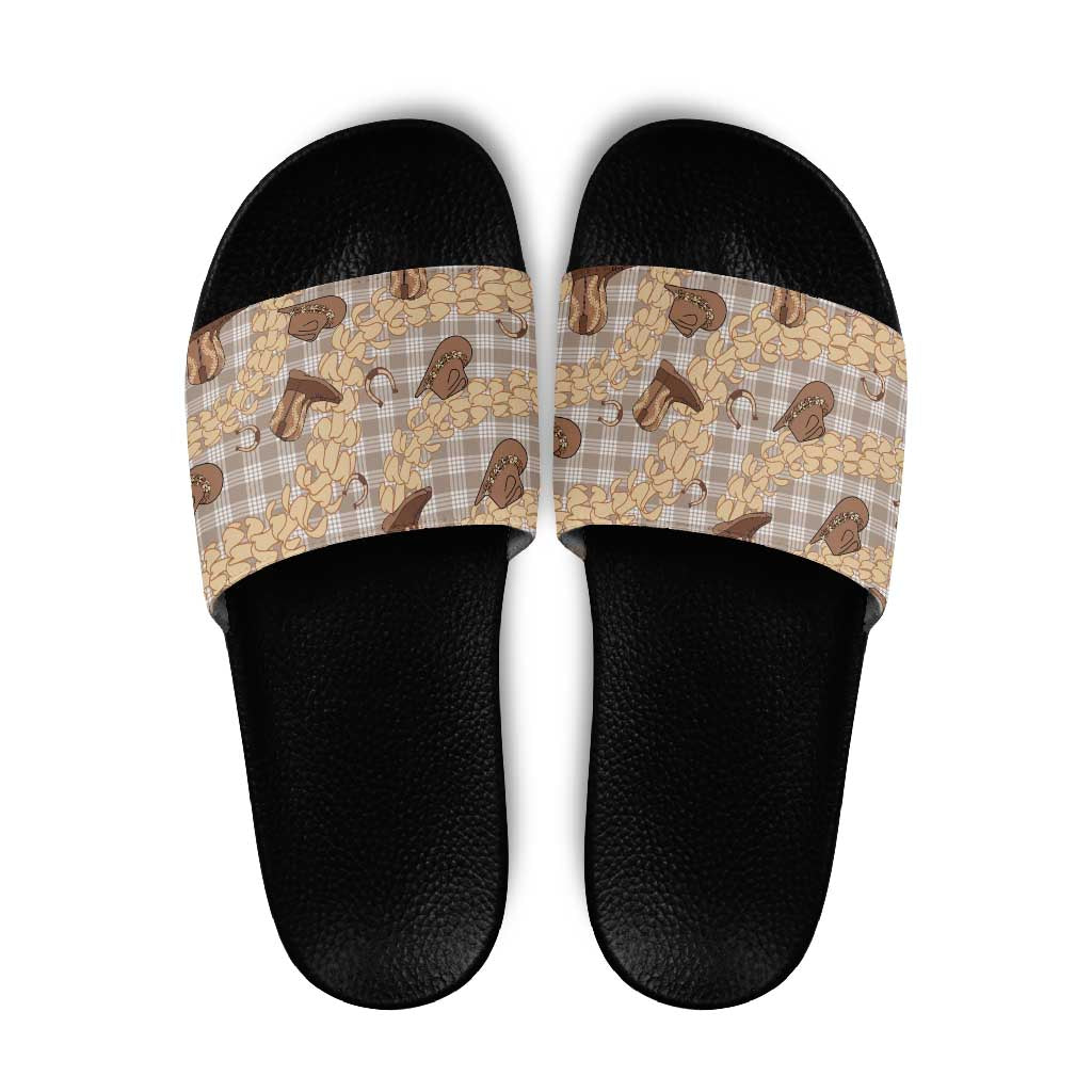 Khaki Palaka Hawaii Cowboy Slide Sandals Puakenikeni Lei Paniolo Papale Seamless Vibes - Polynesian Pride