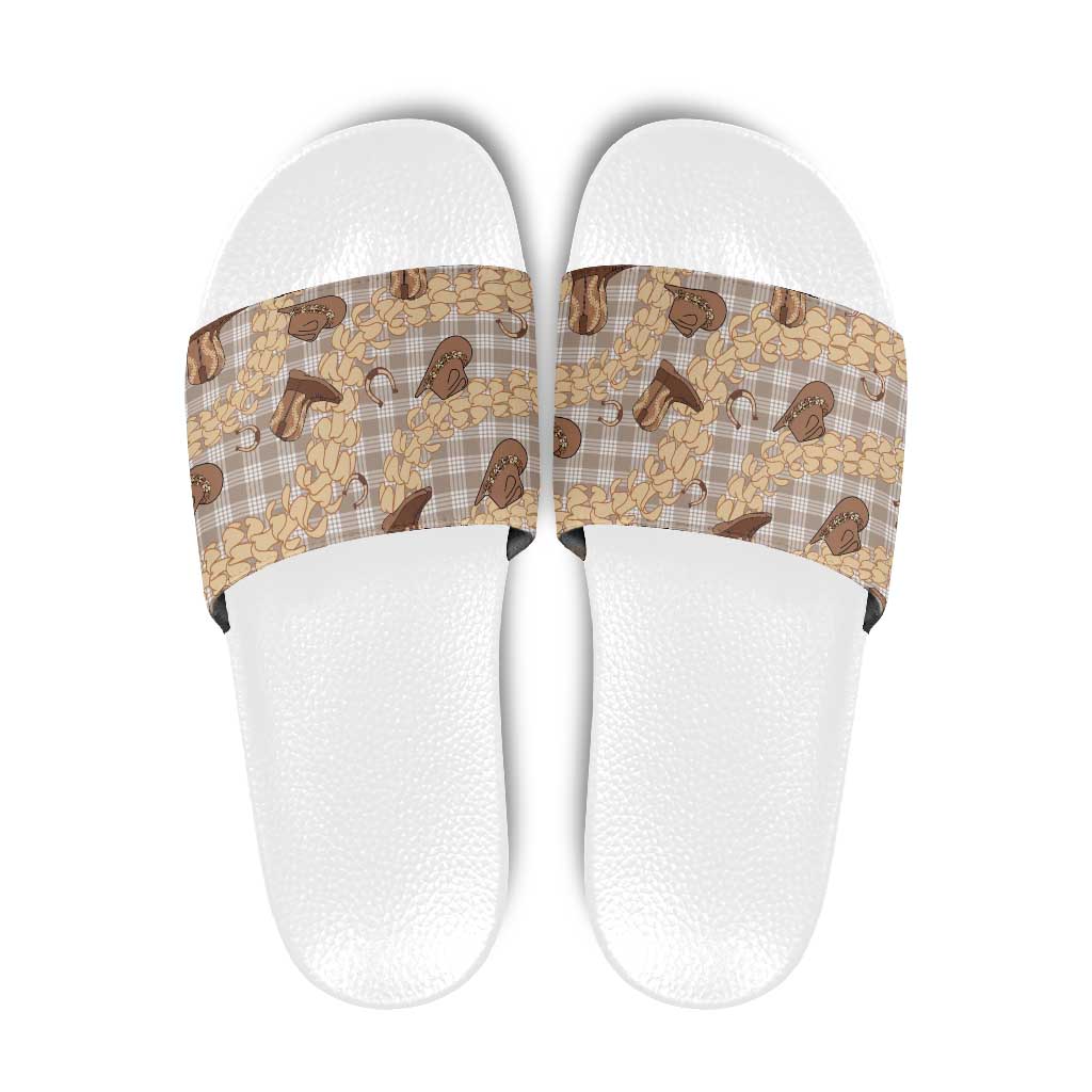 Khaki Palaka Hawaii Cowboy Slide Sandals Puakenikeni Lei Paniolo Papale Seamless Vibes - Polynesian Pride