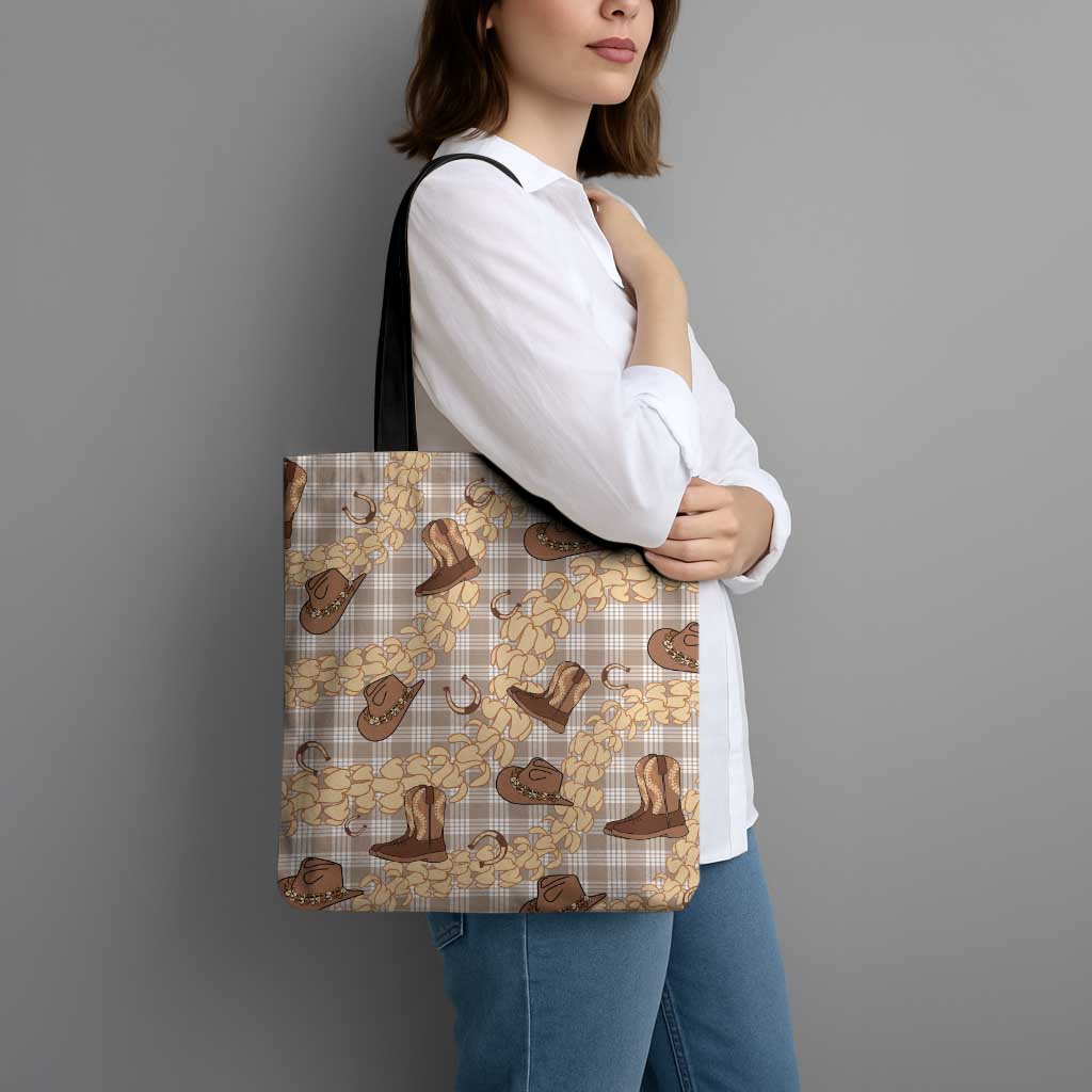 Khaki Palaka Hawaii Cowboy Tote Bag Puakenikeni Lei Paniolo Papale Seamless Vibes - Polynesian Pride