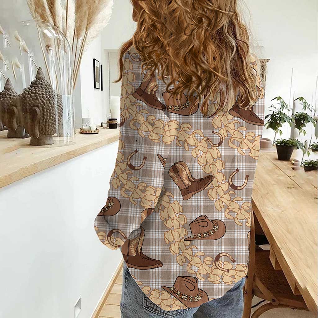 Khaki Palaka Hawaii Cowboy Women Casual Shirt Puakenikeni Lei Paniolo Papale Seamless Vibes LT14 - Polynesian Pride