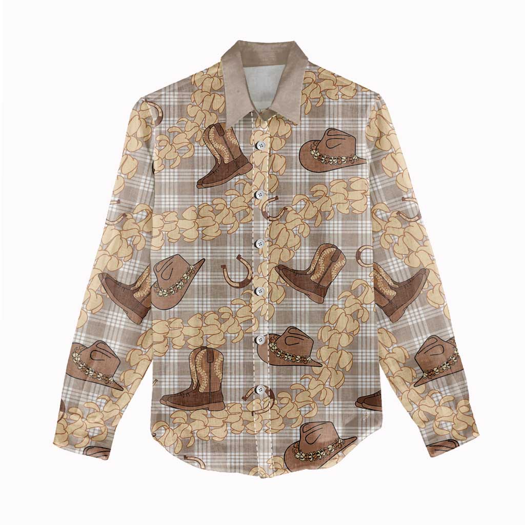 Khaki Palaka Hawaii Cowboy Women Casual Shirt Puakenikeni Lei Paniolo Papale Seamless Vibes LT14 - Polynesian Pride
