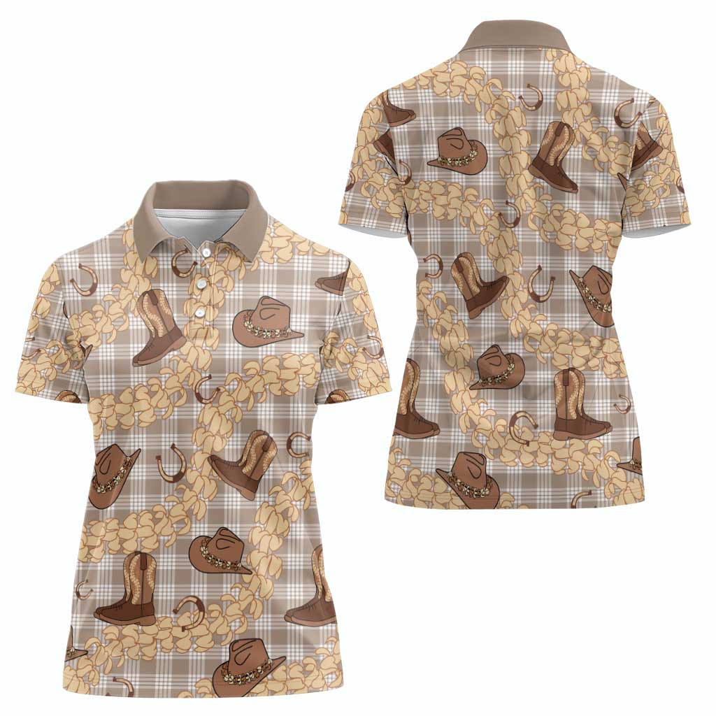 Khaki Palaka Hawaii Cowboy Women Polo Shirt Puakenikeni Lei Paniolo Papale Seamless Vibes LT14 - Polynesian Pride