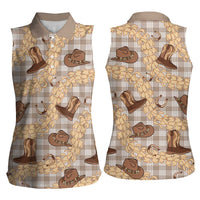 Khaki Palaka Hawaii Cowboy Women Sleeveless Polo Shirt Puakenikeni Lei Paniolo Papale Seamless Vibes LT14 - Polynesian Pride