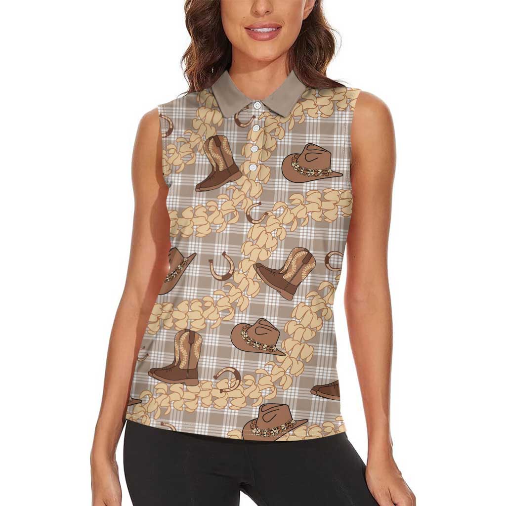 Khaki Palaka Hawaii Cowboy Women Sleeveless Polo Shirt Puakenikeni Lei Paniolo Papale Seamless Vibes LT14 - Polynesian Pride