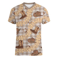 Khaki Palaka Hawaii Cowboy Women V-Neck T-Shirt Puakenikeni Lei Paniolo Papale Seamless Vibes LT14 Female Khaki - Polynesian Pride