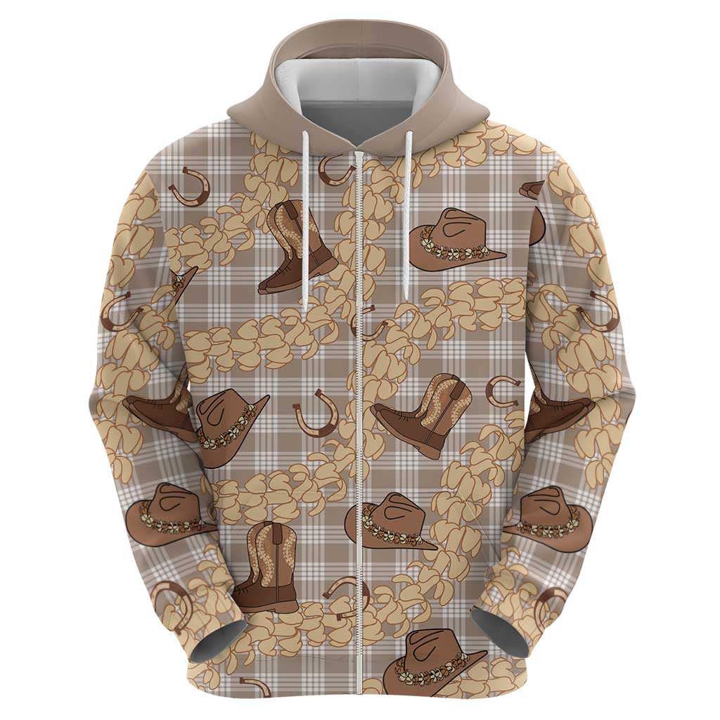 Khaki Palaka Hawaii Cowboy Zip Hoodie Puakenikeni Lei Paniolo Papale Seamless Vibes - Polynesian Pride