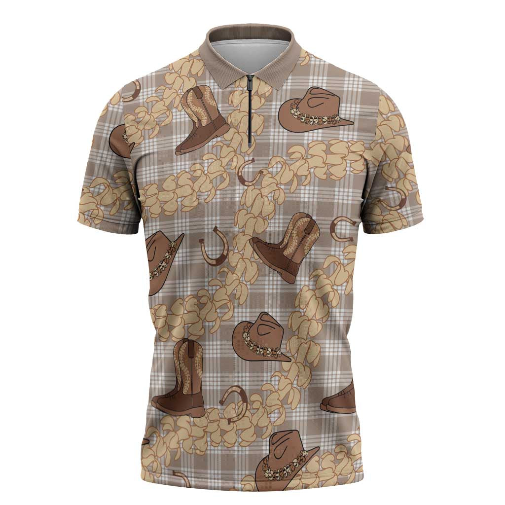 Khaki Palaka Hawaii Cowboy Zipper Polo Shirt Puakenikeni Lei Paniolo Papale Seamless Vibes - Polynesian Pride
