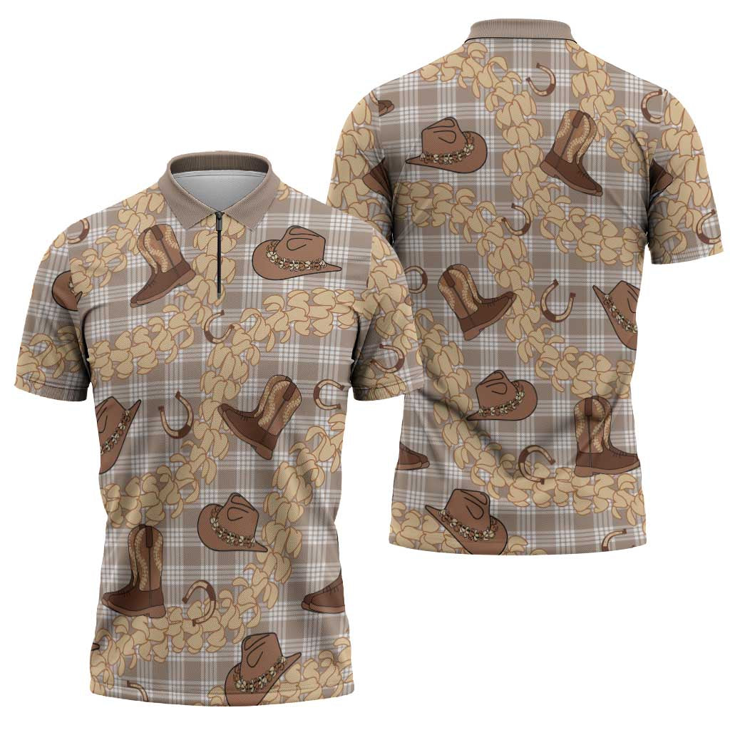 Khaki Palaka Hawaii Cowboy Zipper Polo Shirt Puakenikeni Lei Paniolo Papale Seamless Vibes LT14 - Polynesian Pride