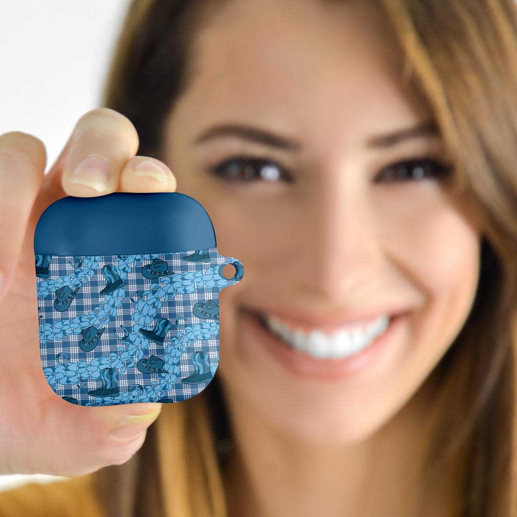 Cyan Palaka Hawaii Cowboy AirPods Case Puakenikeni Lei Paniolo Papale Seamless Vibes - Polynesian Pride
