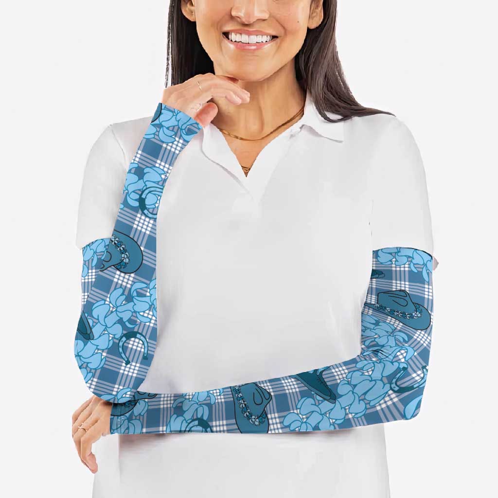 Cyan Palaka Hawaii Cowboy Arm Sleeves Puakenikeni Lei Paniolo Papale Seamless Vibes - Polynesian Pride