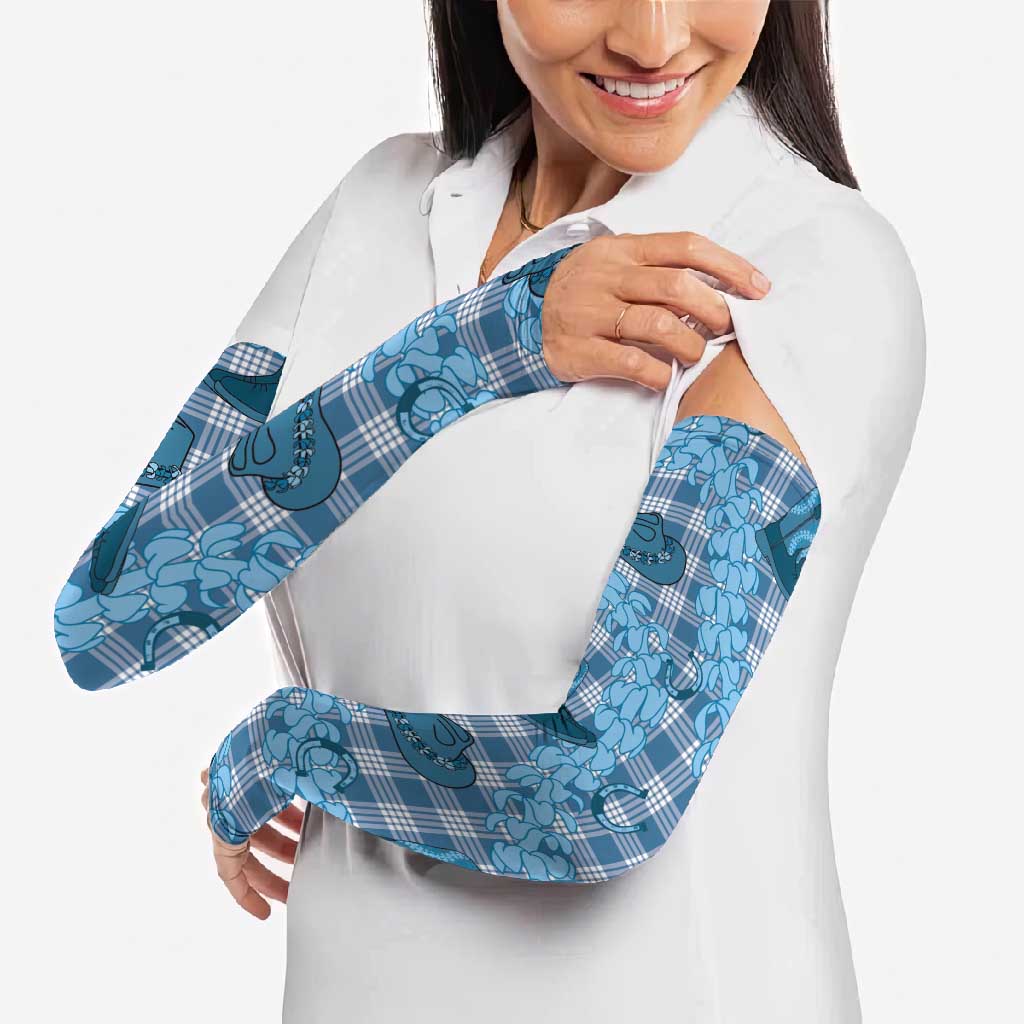 Cyan Palaka Hawaii Cowboy Arm Sleeves Puakenikeni Lei Paniolo Papale Seamless Vibes - Polynesian Pride