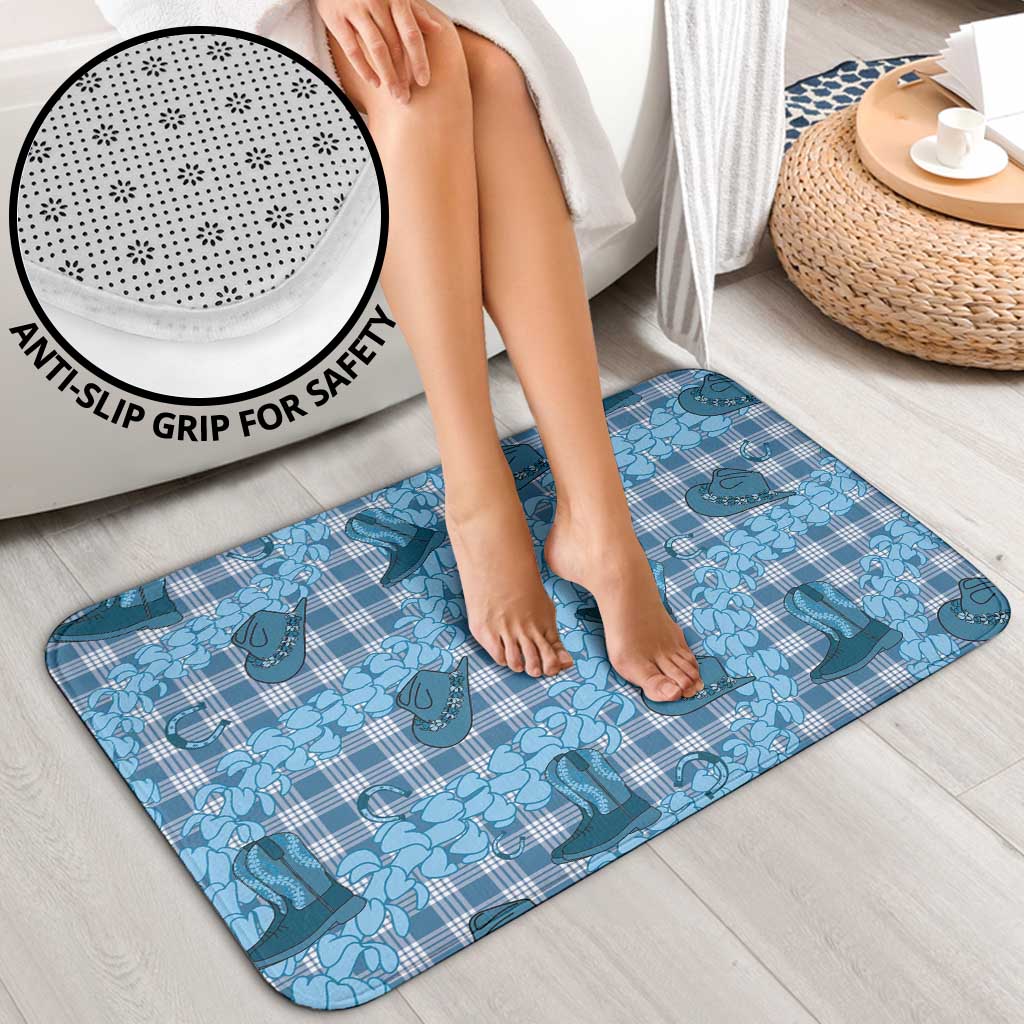 Cyan Palaka Hawaii Cowboy Bathroom Set Puakenikeni Lei Paniolo Papale Seamless Vibes - Polynesian Pride
