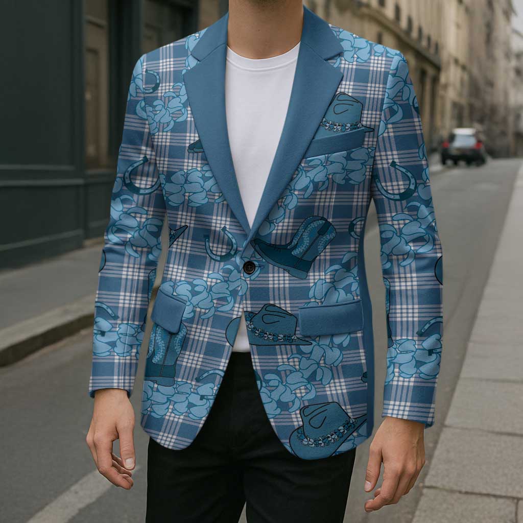 Cyan Palaka Hawaii Cowboy Blazer Puakenikeni Lei Paniolo Papale Seamless Vibes - Polynesian Pride