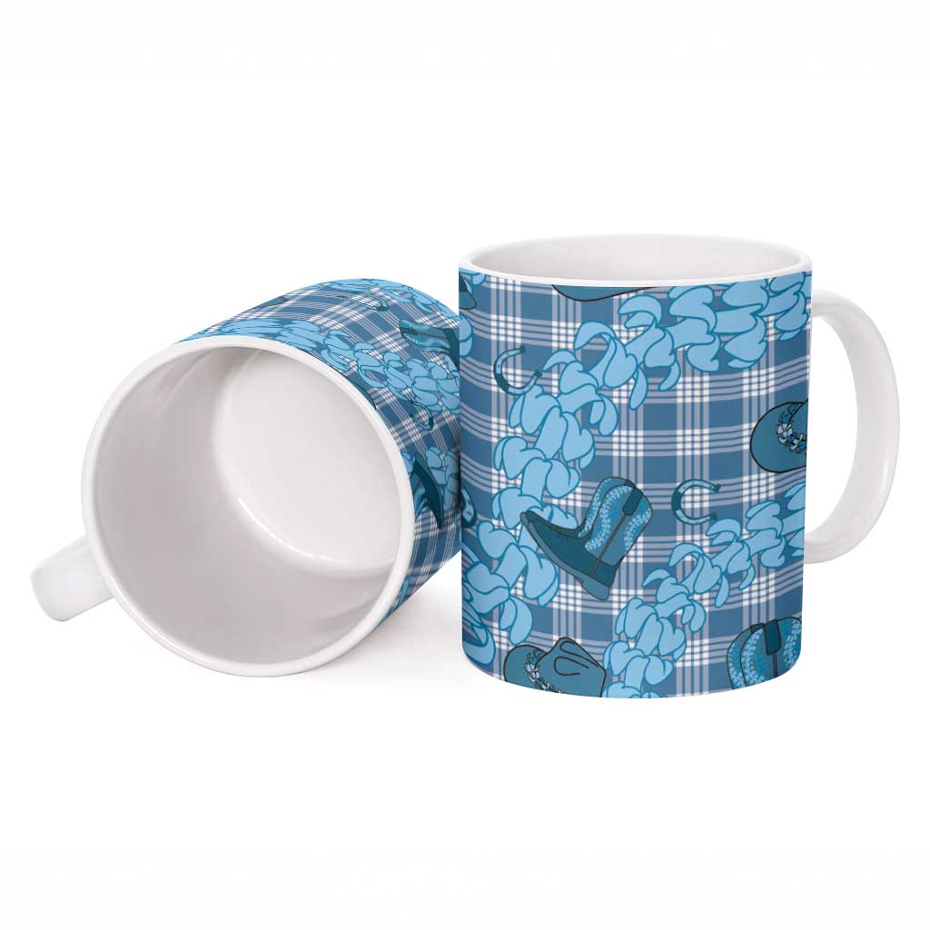 Cyan Palaka Hawaii Cowboy Ceramic Mug Puakenikeni Lei Paniolo Papale Seamless Vibes - Polynesian Pride