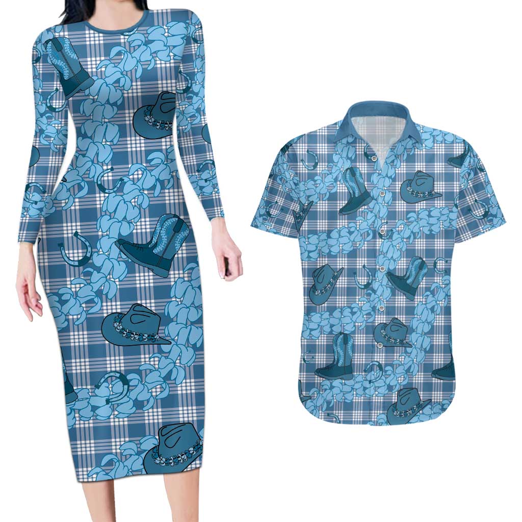 Cyan Palaka Hawaii Cowboy Couples Matching Long Sleeve Bodycon Dress and Hawaiian Shirt Puakenikeni Lei Paniolo Papale Seamless Vibes - Polynesian Pride