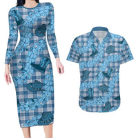 Cyan Palaka Hawaii Cowboy Couples Matching Long Sleeve Bodycon Dress and Hawaiian Shirt Puakenikeni Lei Paniolo Papale Seamless Vibes LT14 Cyan - Polynesian Pride