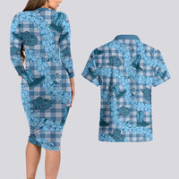 Cyan Palaka Hawaii Cowboy Couples Matching Long Sleeve Bodycon Dress and Hawaiian Shirt Puakenikeni Lei Paniolo Papale Seamless Vibes LT14 - Polynesian Pride
