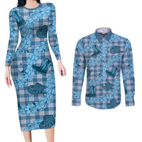 Cyan Palaka Hawaii Cowboy Couples Matching Long Sleeve Bodycon Dress and Long Sleeve Button Shirt Puakenikeni Lei Paniolo Papale Seamless Vibes LT14 Cyan - Polynesian Pride