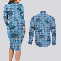 Cyan Palaka Hawaii Cowboy Couples Matching Long Sleeve Bodycon Dress and Long Sleeve Button Shirt Puakenikeni Lei Paniolo Papale Seamless Vibes LT14 - Polynesian Pride