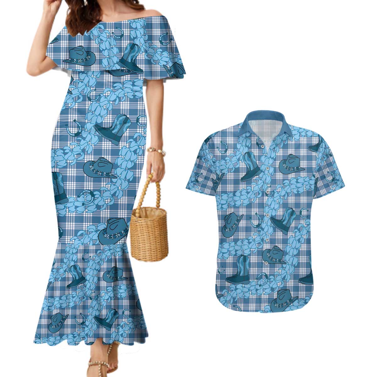 Cyan Palaka Hawaii Cowboy Couples Matching Mermaid Dress and Hawaiian Shirt Puakenikeni Lei Paniolo Papale Seamless Vibes - Polynesian Pride