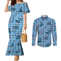 Cyan Palaka Hawaii Cowboy Couples Matching Mermaid Dress and Long Sleeve Button Shirt Puakenikeni Lei Paniolo Papale Seamless Vibes LT14 Cyan - Polynesian Pride