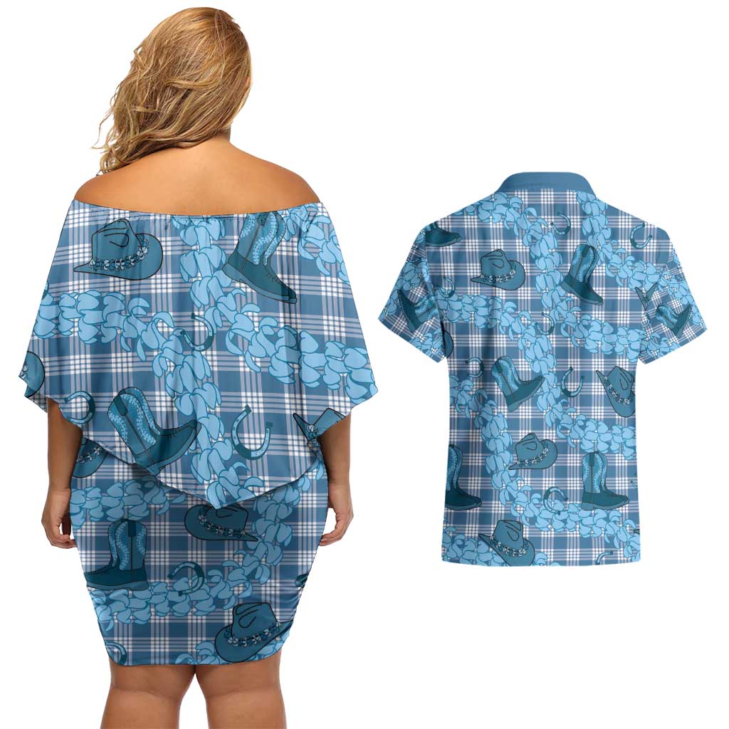 Cyan Palaka Hawaii Cowboy Couples Matching Off Shoulder Short Dress and Hawaiian Shirt Puakenikeni Lei Paniolo Papale Seamless Vibes LT14 - Polynesian Pride