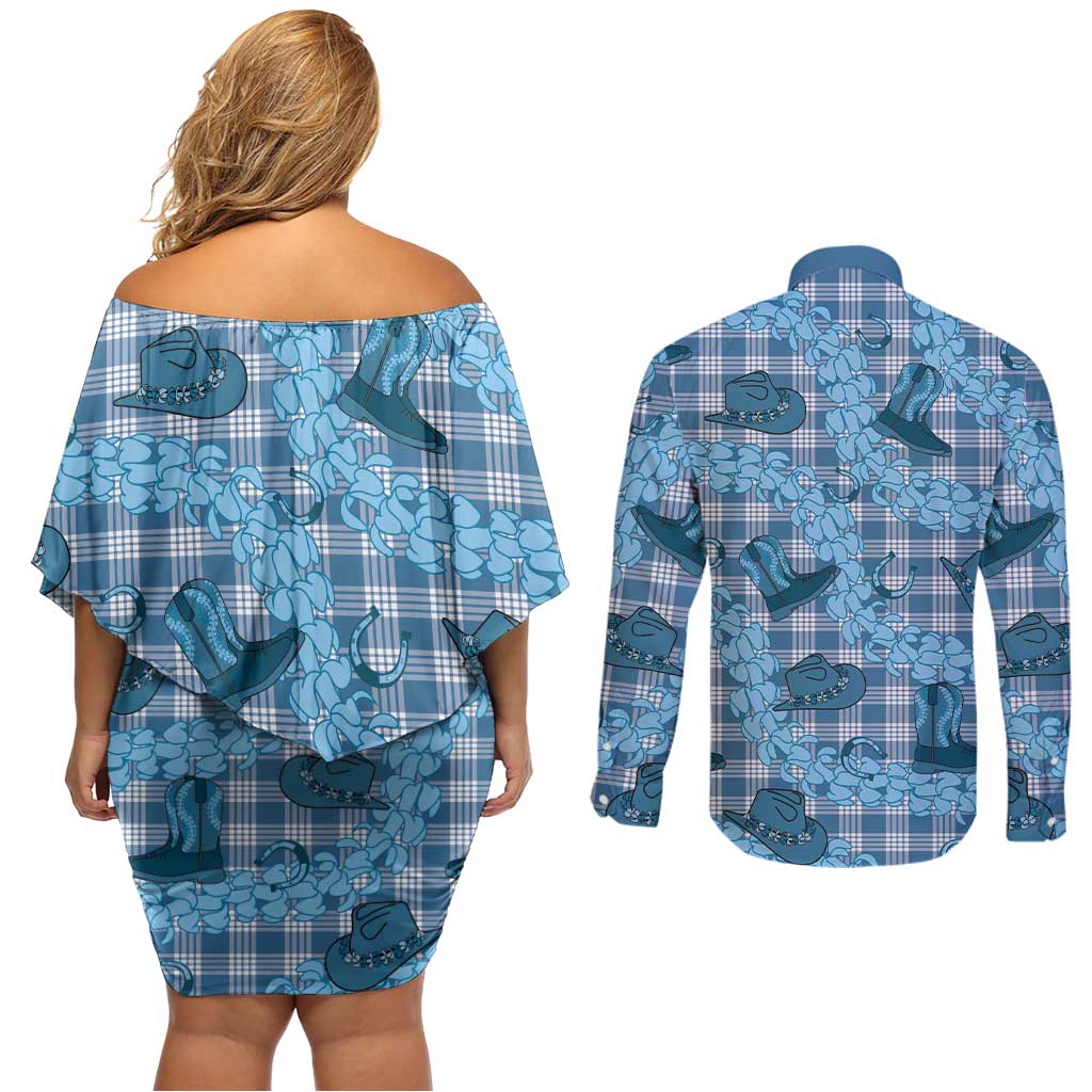 Cyan Palaka Hawaii Cowboy Couples Matching Off Shoulder Short Dress and Long Sleeve Button Shirt Puakenikeni Lei Paniolo Papale Seamless Vibes LT14 - Polynesian Pride