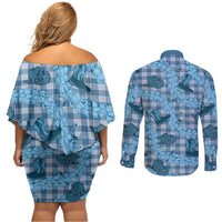 Cyan Palaka Hawaii Cowboy Couples Matching Off Shoulder Short Dress and Long Sleeve Button Shirt Puakenikeni Lei Paniolo Papale Seamless Vibes LT14 - Polynesian Pride