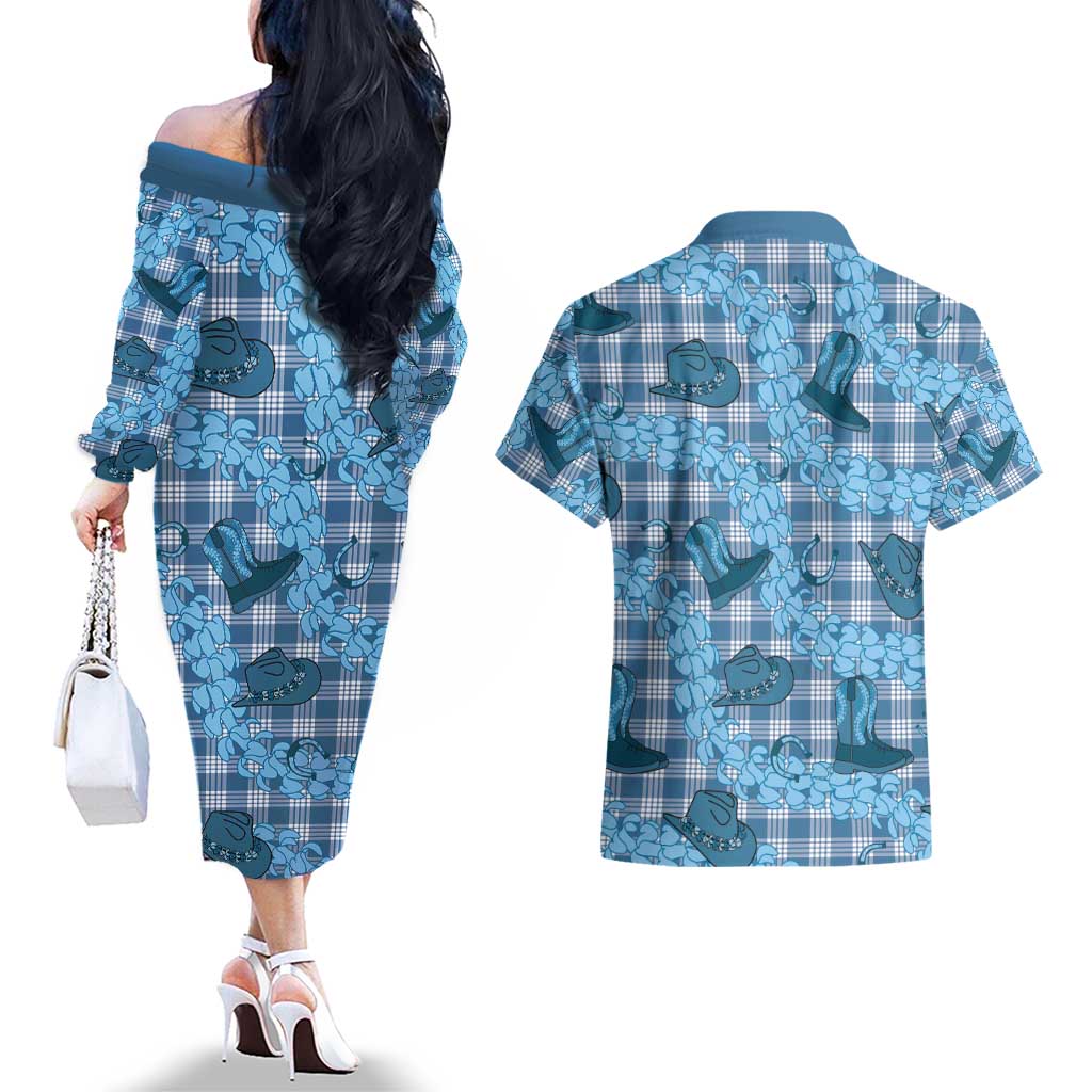 Cyan Palaka Hawaii Cowboy Couples Matching Off The Shoulder Long Sleeve Dress and Hawaiian Shirt Puakenikeni Lei Paniolo Papale Seamless Vibes LT14 - Polynesian Pride