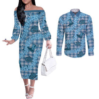 Cyan Palaka Hawaii Cowboy Couples Matching Off The Shoulder Long Sleeve Dress and Long Sleeve Button Shirt Puakenikeni Lei Paniolo Papale Seamless Vibes LT14 Cyan - Polynesian Pride