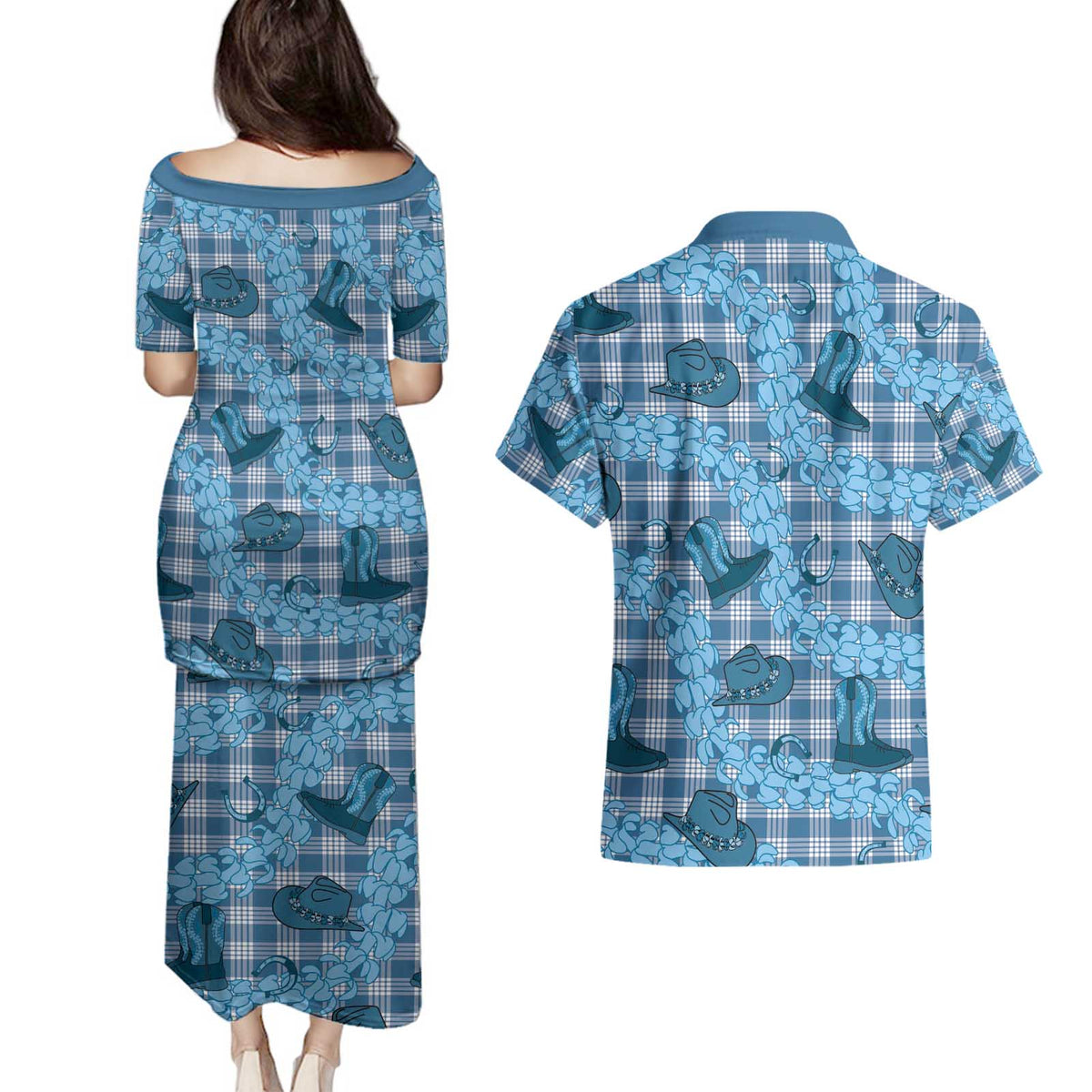 Cyan Palaka Hawaii Cowboy Couples Matching Puletasi and Hawaiian Shirt Puakenikeni Lei Paniolo Papale Seamless Vibes LT14 - Polynesian Pride