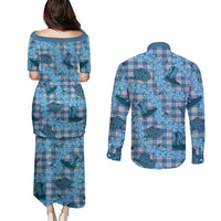 Cyan Palaka Hawaii Cowboy Couples Matching Puletasi and Long Sleeve Button Shirt Puakenikeni Lei Paniolo Papale Seamless Vibes LT14 - Polynesian Pride