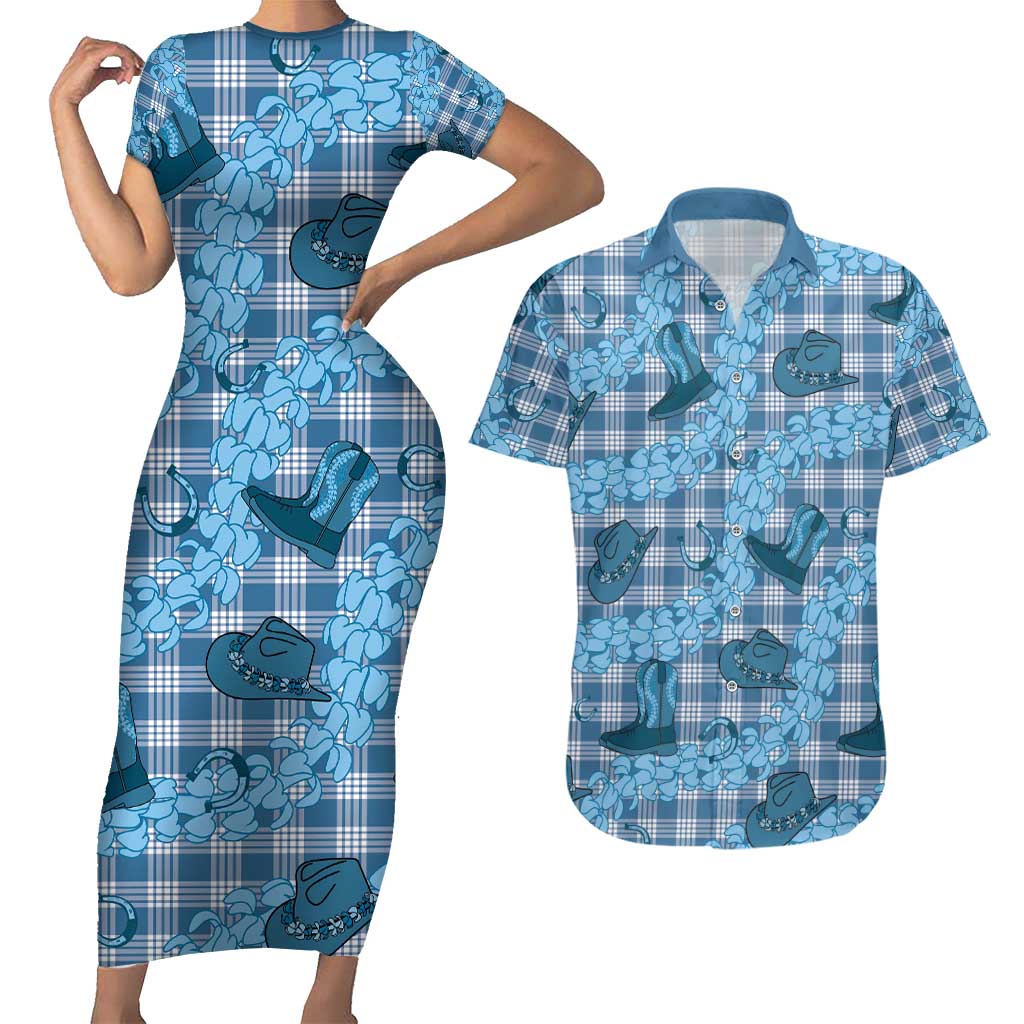 Cyan Palaka Hawaii Cowboy Couples Matching Short Sleeve Bodycon Dress and Hawaiian Shirt Puakenikeni Lei Paniolo Papale Seamless Vibes LT14 Cyan - Polynesian Pride