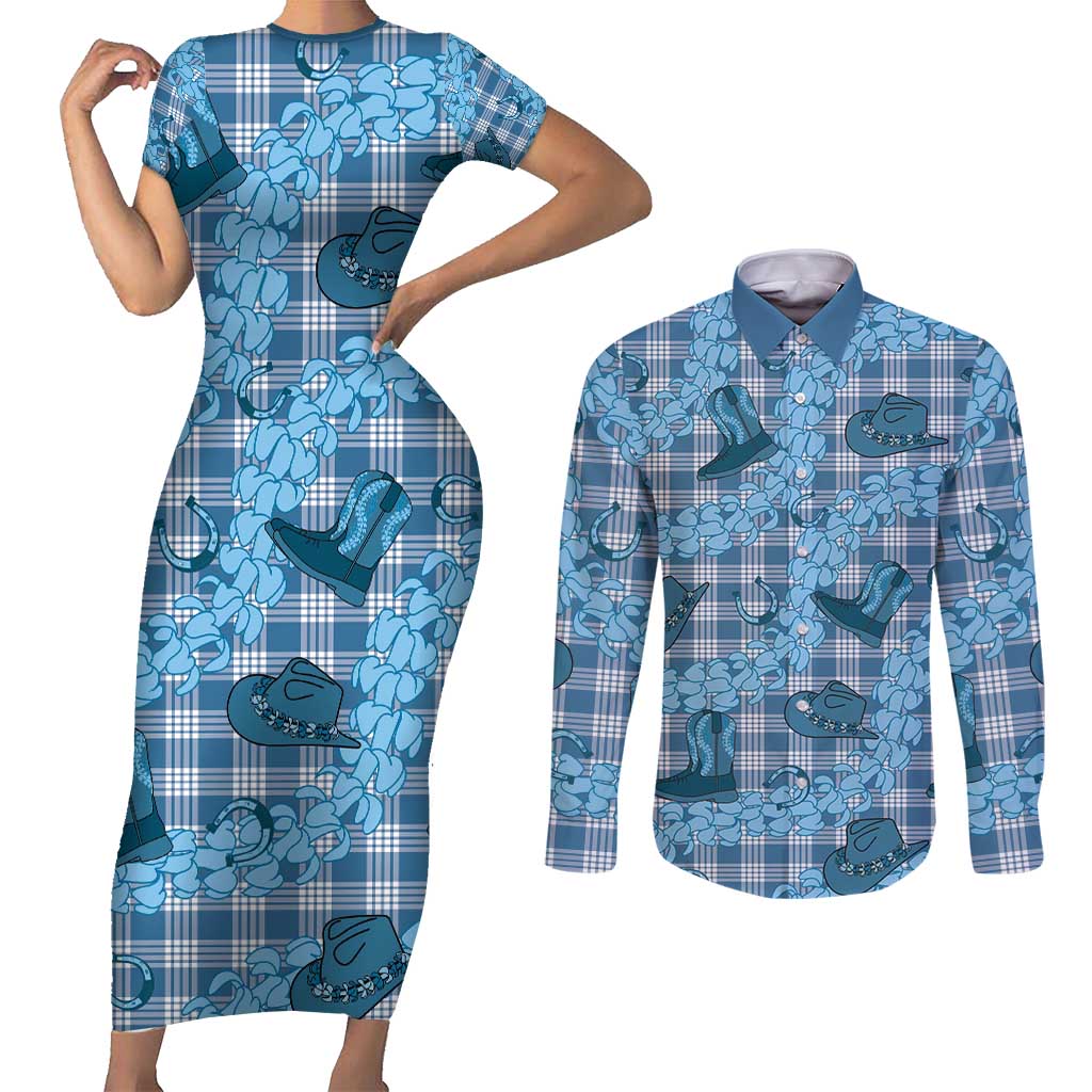 Cyan Palaka Hawaii Cowboy Couples Matching Short Sleeve Bodycon Dress and Long Sleeve Button Shirt Puakenikeni Lei Paniolo Papale Seamless Vibes LT14 Cyan - Polynesian Pride