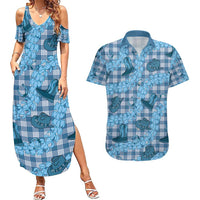 Cyan Palaka Hawaii Cowboy Couples Matching Summer Maxi Dress and Hawaiian Shirt Puakenikeni Lei Paniolo Papale Seamless Vibes LT14 Cyan - Polynesian Pride