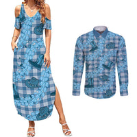 Cyan Palaka Hawaii Cowboy Couples Matching Summer Maxi Dress and Long Sleeve Button Shirt Puakenikeni Lei Paniolo Papale Seamless Vibes LT14 Cyan - Polynesian Pride