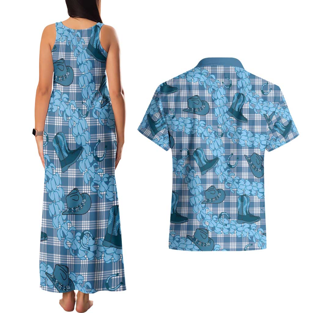 Cyan Palaka Hawaii Cowboy Couples Matching Tank Maxi Dress and Hawaiian Shirt Puakenikeni Lei Paniolo Papale Seamless Vibes LT14 - Polynesian Pride