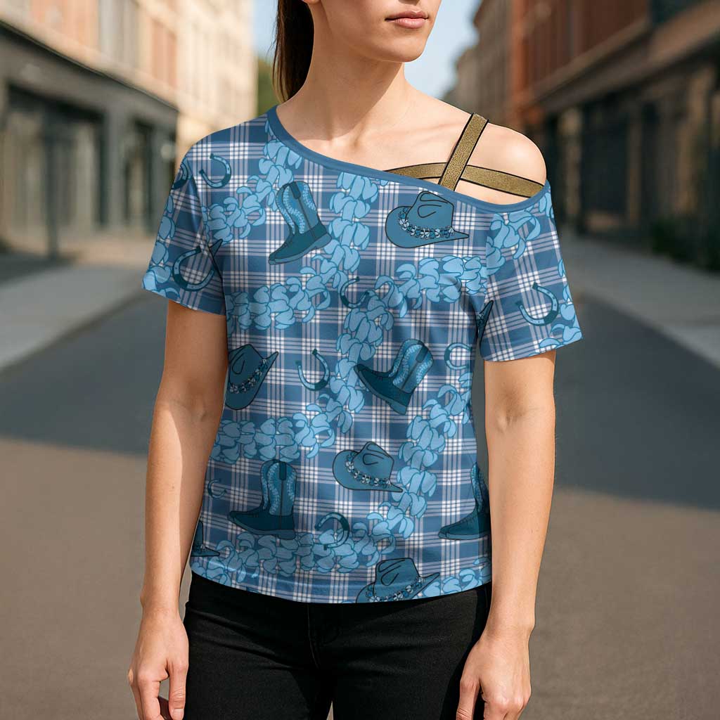Cyan Palaka Hawaii Cowboy Cross Shoulder Shirt Puakenikeni Lei Paniolo Papale Seamless Vibes - Polynesian Pride