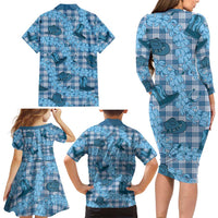 Cyan Palaka Hawaii Cowboy Family Matching Long Sleeve Bodycon Dress and Hawaiian Shirt Puakenikeni Lei Paniolo Papale Seamless Vibes LT14 - Polynesian Pride