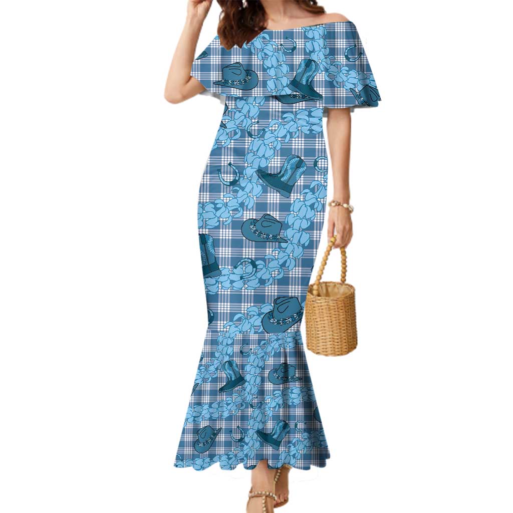 Cyan Palaka Hawaii Cowboy Family Matching Mermaid Dress and Hawaiian Shirt Puakenikeni Lei Paniolo Papale Seamless Vibes LT14 Mom's Dress Cyan - Polynesian Pride