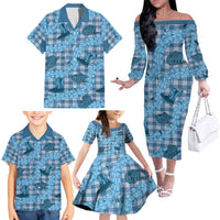 Cyan Palaka Hawaii Cowboy Family Matching Off The Shoulder Long Sleeve Dress and Hawaiian Shirt Puakenikeni Lei Paniolo Papale Seamless Vibes LT14 - Polynesian Pride