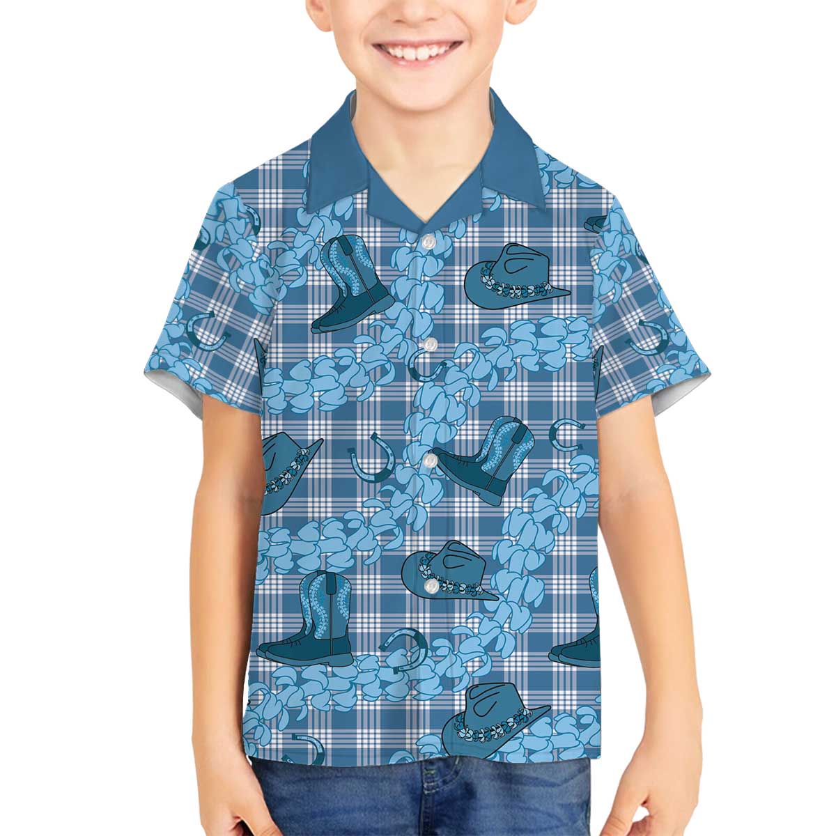 Cyan Palaka Hawaii Cowboy Family Matching Off The Shoulder Long Sleeve Dress and Hawaiian Shirt Puakenikeni Lei Paniolo Papale Seamless Vibes LT14 Son's Shirt Cyan - Polynesian Pride