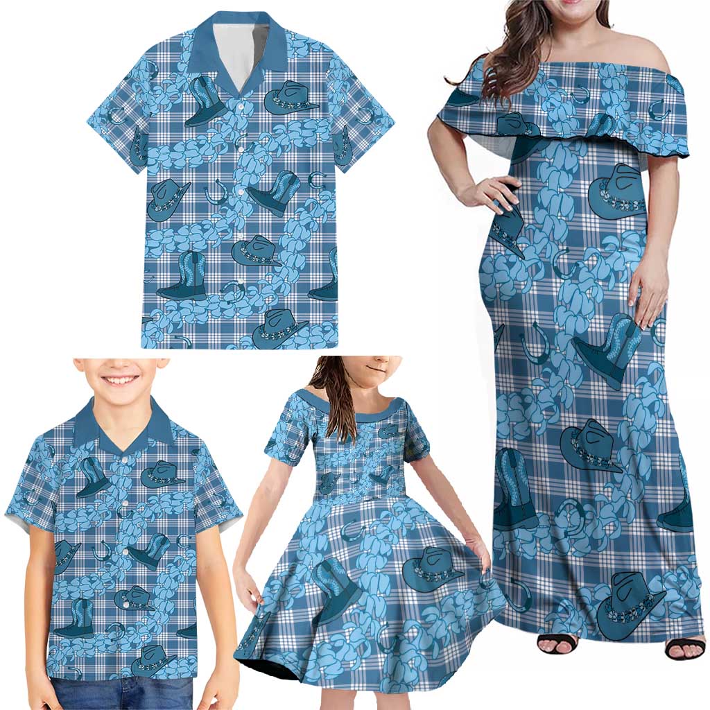 Cyan Palaka Hawaii Cowboy Family Matching Off Shoulder Maxi Dress and Hawaiian Shirt Puakenikeni Lei Paniolo Papale Seamless Vibes LT14 - Polynesian Pride