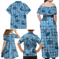 Cyan Palaka Hawaii Cowboy Family Matching Off Shoulder Maxi Dress and Hawaiian Shirt Puakenikeni Lei Paniolo Papale Seamless Vibes LT14 - Polynesian Pride