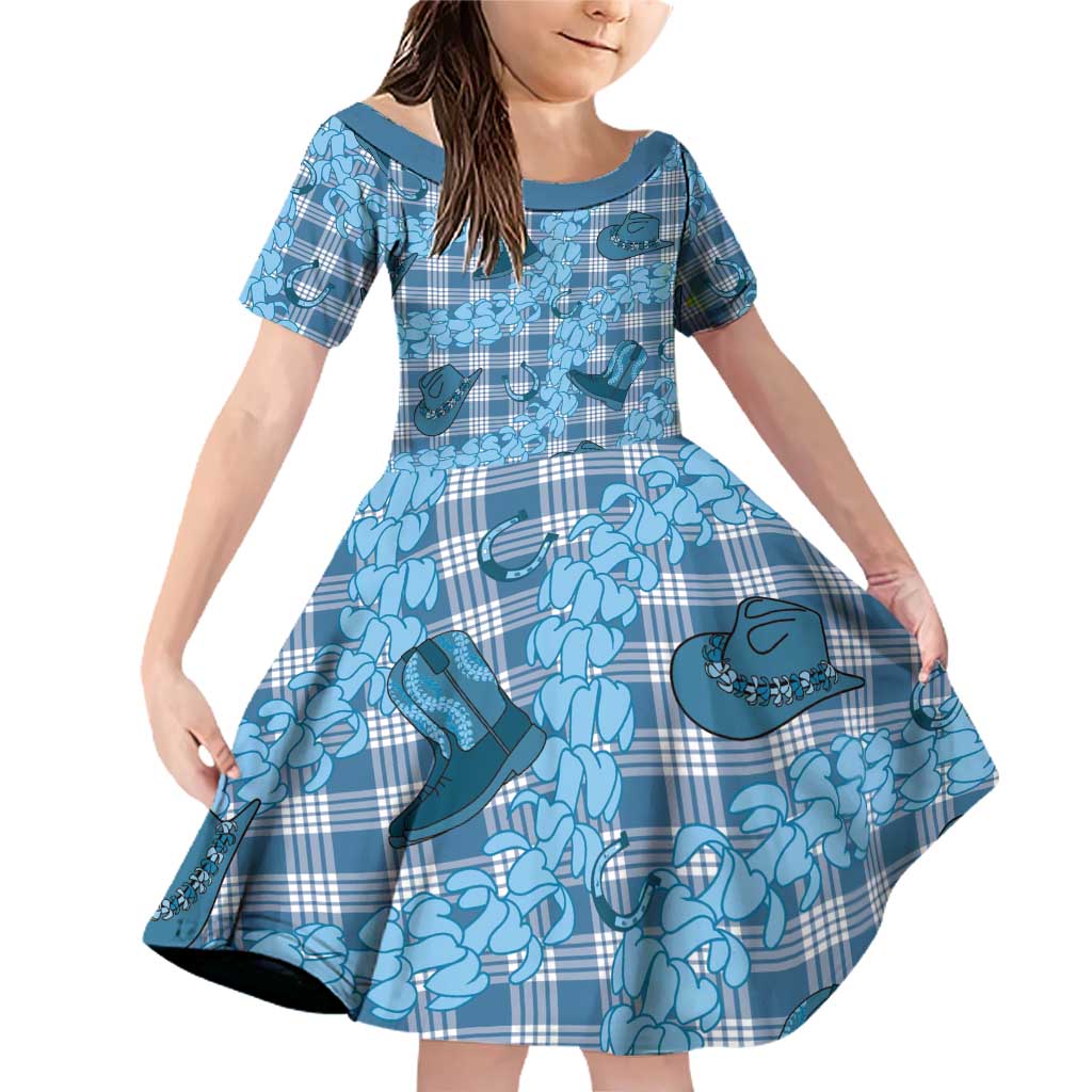 Cyan Palaka Hawaii Cowboy Family Matching Off Shoulder Short Dress and Hawaiian Shirt Puakenikeni Lei Paniolo Papale Seamless Vibes LT14 Daughter's Dress Cyan - Polynesian Pride