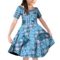 Cyan Palaka Hawaii Cowboy Family Matching Off Shoulder Short Dress and Hawaiian Shirt Puakenikeni Lei Paniolo Papale Seamless Vibes LT14 Daughter's Dress Cyan - Polynesian Pride