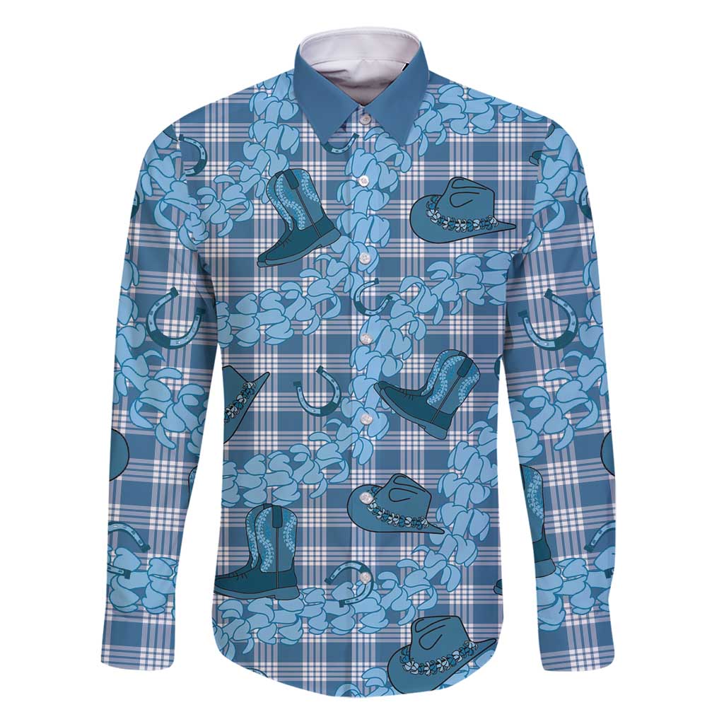 Cyan Palaka Hawaii Cowboy Family Matching Off Shoulder Short Dress and Hawaiian Shirt Puakenikeni Lei Paniolo Papale Seamless Vibes LT14 Dad's Shirt - Long Sleeve Cyan - Polynesian Pride